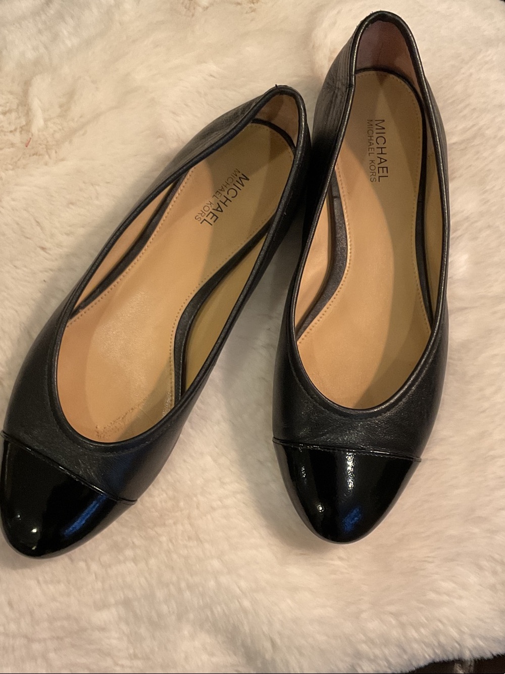 MICHAEL Michael Kors Black Leather Ballet Flats with Patent Cap Toe